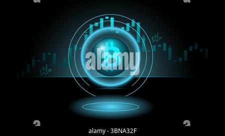 Futuristic bitcoin symbol with glowing charts representing cryptocurrency trading and finance trends Stock Vector
