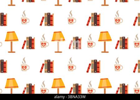 Seamless pattern with cozy interior with house plants. Vector illustration of armchair, bookshelf plants and books collected in ornament on white back Stock Vector