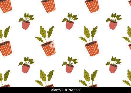 Seamless pattern with house plants. Hand drawn vector illustration of flowers in pots on white background Stock Vector