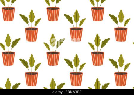 Seamless pattern with house plants. Hand drawn vector illustration of flowers in pots on white background Stock Vector