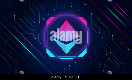 Futuristic ethereum symbol glowing against digital circuit board background in vibrant neon colors Stock Vector
