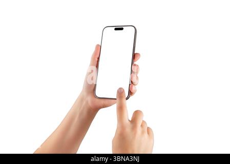 Hand holding smartphone with blank screen isolated on white, ideal for mobile app mockups, UI presentations, or tech-related marketing visuals Stock Photo