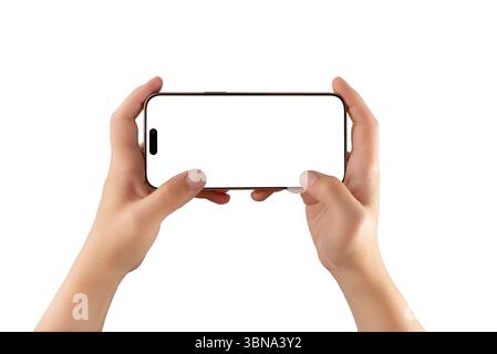 Horizontal phone mockup in hands on white background, ideal for app demonstrations, fullscreen content, or responsive layout designs Stock Photo