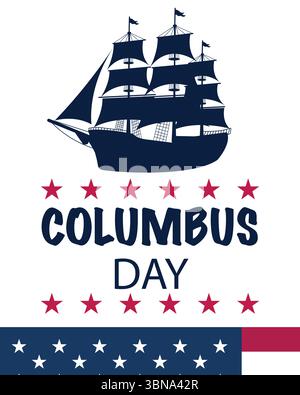 Columbus Day banner with a galleon style ship in old glory blue in portrait orientation Stock Vector
