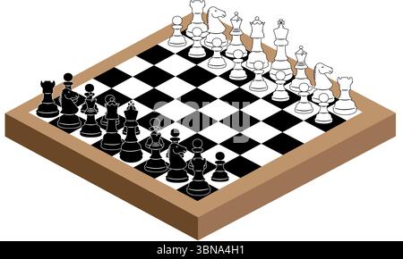 Wooden chess board with pieces in position, Chess piece design element Stock Vector