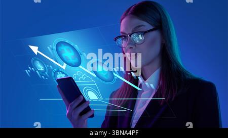 Businesswoman analyzing cryptocurrency trends on smartphone with futuristic blue holograms Stock Photo