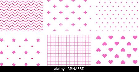 Seamless pink pattern. Set baby shower packing paper. Baby girl textures with polka dot, stripes, hearts, cross and zigzag. Stock Vector