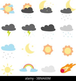weather vector set, ,sun, clouds, raining, lightning, snowing, rainbow, meteor, moon and stars Stock Vector