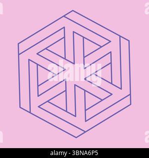Impossible shapes. Sacred geometry. Optical illusion logo. Abstract eternal geometric objects. Optical art. Impossible geometry symbol on a pink Stock Vector