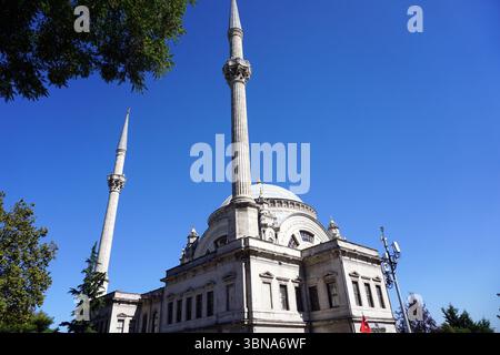 Istanbul, Turkey. The largest city in Turkey and one of the world’s few transcontinental cities, spanning both Europe and Asia across the Bosphorus Strait., A majestic mosque constructed from white stone and features two towering minarets, each topped with a pointed roof. The minarets are adorned with intricate carvings. The mosque's dome is a light gray or beige color and is topped with a golden dome. The mosque is surrounded by lush greenery, including trees and bushes, and is set against a clear blue sky. A street lamp is visible on the right side of the mosque. An artist's eye & Stock Photo