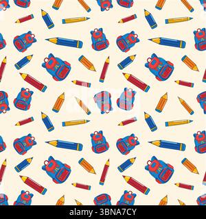 Brightly colored backpacks and pencils are arranged in a seamless pattern, perfect for projects related to education and learning. This vector Stock Vector
