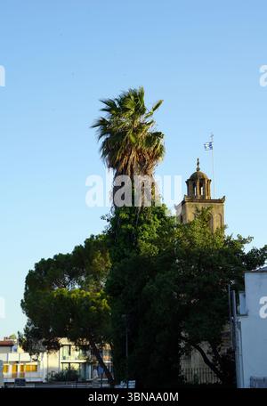 Nicosia (Lefkosia), Cyprus, the world’s last divided capital, A tall palm tree with a crown of green leaves standing in the foreground, partially obscuring a building with a cream or beige facade and a dome-like structure. A flag is visible on a flagpole atop the building. In the background, a clear blue sky is visible, with a few small, indistinct objects visible in the distance. The scene is set against a backdrop of other buildings, including a white building with a balcony and a building with a cream or beige facade. A portion of a dark-colored vehicle is also visible in the bottom left Stock Photo