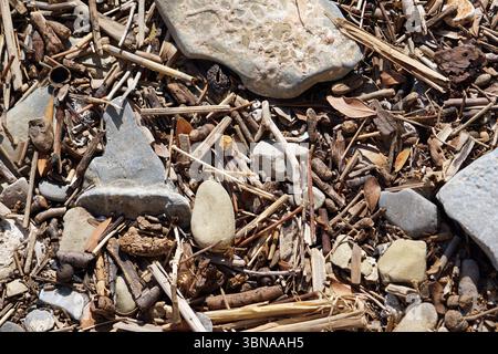 Nies, Greece, A rocky shore composed of various sizes and shapes of rocks, pebbles, and small stones, interspersed with twigs, branches, and dried leaves. The rocks are predominantly gray and brown, with some exhibiting a rough texture. The twigs and branches are scattered throughout the scene, adding a natural element to the composition. The colors in the image are predominantly earthy tones, with the rocks and twigs appearing in shades of brown, gray, and beige. The image is taken from a top-down perspective, providing a comprehensive view of the rocky shore. An artist's eye & imagination Stock Photo