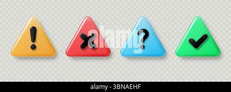 Collection of warning triangle transparent signs in glass style. Vector 3d illustration. Stock Vector