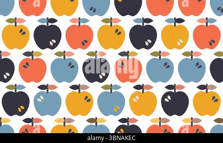 Abstract Scandinavian apple geometric background. Set of icons in simple flat style. Seamless pattern in mid century modern style. Vector illustration Stock Vector