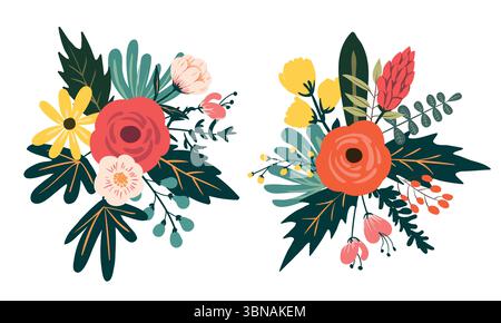 Stylized blush pink flowers, roses, emerald greenery and eucalyptus wedding vector bouquets set. Blooming garden vector illustration set Stock Vector