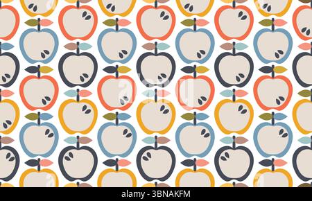 Scandinavian stylized apple repeat background. Set of icons in simple flat style. Seamless pattern in mid century modern style. Vector illustration. Stock Vector