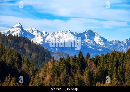 Alpine  landscape with snow covered mountain peaks in Bavaria Stock Photo