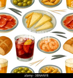Spanish Tapas. Seamless pattern of raditional Snacks and Drinks. Watercolor illustration of classic Spanish tapas, beer, vermouth or red wine of summe Stock Vector