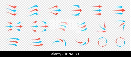 Airflow and ventilation vector set with hot and cold wind, arrows, fans, filters and stream lines. Clean transparent graphics for HVAC, purifier, conditioner or room climate control illustrations. Stock Vector