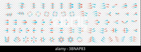 Airflow and ventilation icon set. Includes circular arrows, hot and cold wind flow, fan, filter, purification and climate recovery symbols. Transparent infographic style for electronic or HVAC themes. Stock Vector