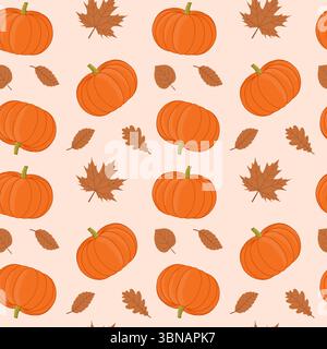 Seamless repeating autumn pattern with pumpkins on white background for fabric, wallpaper, printed products, packaging. Vector illustration. Stock Vector