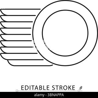 A stack of clean plates icon in minimalist style with editable stroke. Kitchen tableware, dishwashing result, organized dishes, household item, food Stock Vector