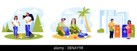 Vector flat cartoon illustration of volunteers cleaning plastic waste in park, beach, and city. Eco-friendly concept of recycling, pollution preventio Stock Vector