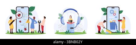 Tech support service set. Tiny people clean memory of mobile phone from email spam and trash files, look for script bugs with magnifying glass, work online with headphones cartoon vector illustration Stock Vector