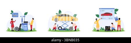 Car service, repair and diagnostics of wheels and tires set. Tiny people with wrench lift automobile in garage for inspection, check pressure, mechanics change tyre cartoon vector illustration Stock Vector