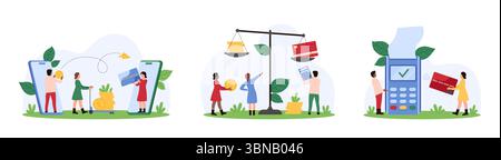 Money transaction, remittance and online cashless payment set. Tiny people transfer gold in bank mobile app, weigh credit card and coins on scales, pay with POS machine cartoon vector illustration Stock Vector