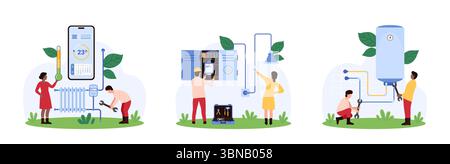 Payment of utility bills, saving natural resources set. Tiny people install thermostat and water heater to control temperature, connect smart electricity meter in house cartoon vector illustration Stock Vector