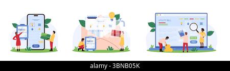 Utility bill payment set. Tiny people pay for electricity, gas and water consumption in household, check meter readings with magnifying glass, use paper receipt, mobile app cartoon vector illustration Stock Vector