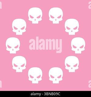 Round frame of skulls Design for Halloween. Vector flat illustration isolated on a pink background. Stock Vector