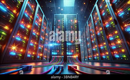 Title: High Angle View of Illuminated Data Center Stock Photo