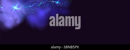 Flash of lightning in a magic frame. Neon discharge in smoke effect. Powerful electrical current energy. Stock Vector