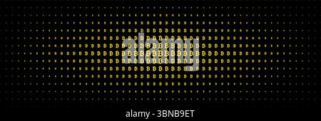 horizontal gold halftone of bitcoin currency sign on black for pattern and background. Stock Vector