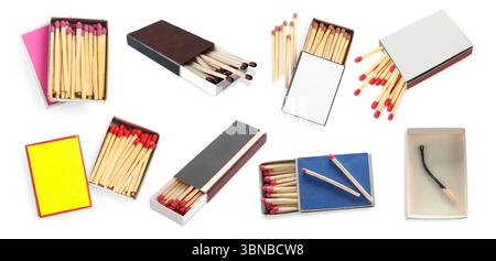 Cardboard boxes with matches on white background, set Stock Photo