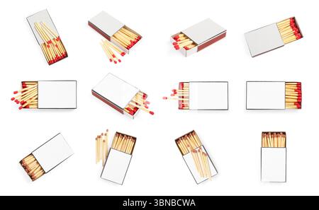 Cardboard boxes with matches on white background, set Stock Photo