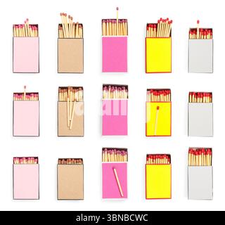 Cardboard boxes with matches on white background, top view. Set Stock Photo