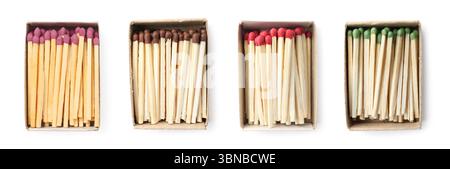 Cardboard boxes with matches on white background, top view. Set Stock Photo