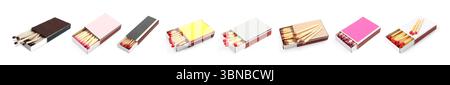 Cardboard boxes with matches on white background, set Stock Photo
