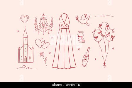 Wedding doodle icon set. Romantic hand drawn love elements in red and pink for cards and packaging. Vector illustration Stock Vector
