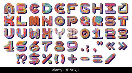 Groovy font, hippie funky typeface, retro letters type, english alphabet vector typography set. Groovy font abc letters and numbers with psychedelic geometric shapes pattern, hippie rainbow, flowers Stock Vector