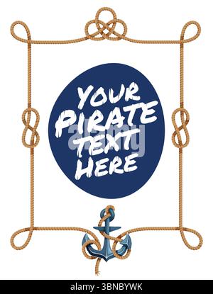 Sail ship rope frame with anchor. Vector navy nautical frame with cartoon border lines of marine ropes and vintage sailboat anchor. Ship mooring cable, string, cord or line with knots and loop corners Stock Vector