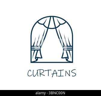 Opera theater or home window interior curtain icon. Theater performance or opera concert stage drapery or curtain linear vector symbol or emblem. Home window fabric blinds shop or store icon or sign Stock Vector