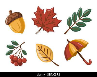Autumn illustration set with acorn, umbrella, berries and colorful fall leaves. Cartoon vector design on white background. Stock Vector