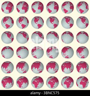 Collection of earth globes. Slanted sphere view. Rotation step 10 degrees. Solid color style. Stock Vector