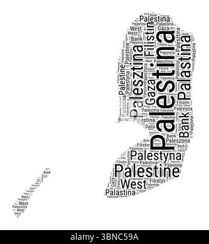 Black and white word cloud in Palestine shape. Simple typography style country illustration. Plain Palestine black text cloud on white background. Stock Vector