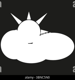 Sun behind cloud. Weather forecast icon. Vector sunny cloud symbol. Black minimal background. Stock Vector